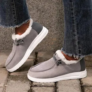 Bottes d'hiver en velours côtelé gris avec doublure en fausse fourrure blanche