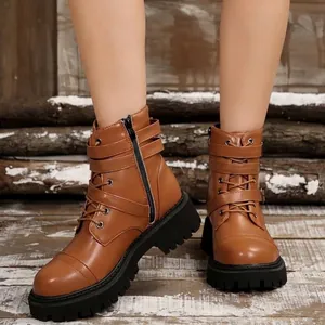 Women's retro brown chunky ankle boots with buckle and side zipper details