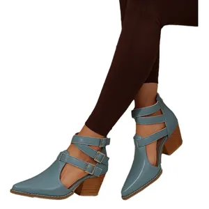 Bottines élégantes à bout pointu bleu avec talons épais et boucles triples pour femme