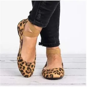 Stylish leopard print ballet flat shoes featuring elastic cross ankle straps and round toe