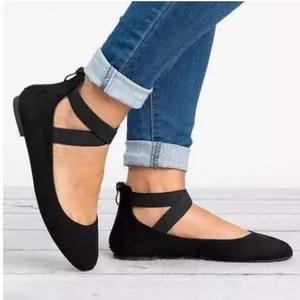 Comfortable retro black round toe ballet flats with elastic cross ankle straps