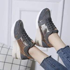 Zapatillas con Cuña y Plataforma para Mujer Patchwork de Leopardo Gamuza Malla Transpirables con Cordones Casuales Deportivas Zapatos de Caminar Tallas Grandes