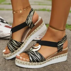 Women's Peep Toe Wedge Sandals With Metal Buckle Snake Zebra Pattern Straw Weave Summer Beach Shoes Plus Size