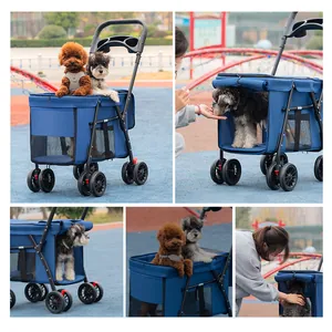 Foldable blue pet stroller for dogs featuring breathable mesh windows for outdoor travel