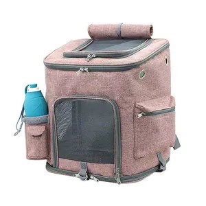 Portable foldable breathable pet carrier backpack for cats and small dogs in pink fabric