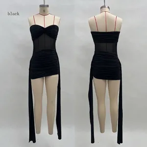 Sleek black mesh panel ruched tube mini dress featuring elegant long side streamers