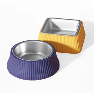 Stainless steel pet feeding bowls with Roman column design bases in purple and yellow
