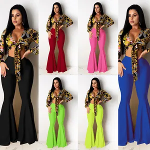 Women Top And Bottom Polyester Baroque Print Sexy Flare Pants Ruffle Hem Deep V Neck Outfits Nightclub Party Wear Clothing