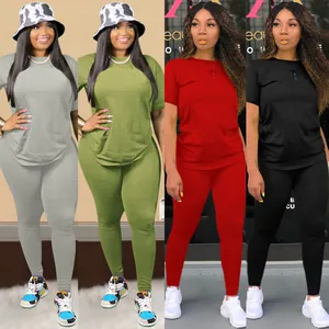 Women's sexy casual solid color two-piece set t-shirt and leggings in multiple colors