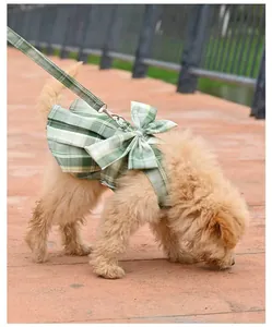 Side view of a small dog wearing a green plaid JK skirt harness with matching leash