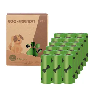 Detail of 18 rolls eco-friendly lavender scented pet poop bags in a brown box