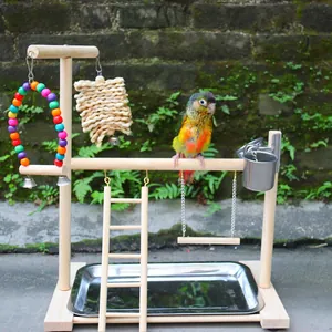 Wooden bird playground stand with colorful beads swing ladder and steel tray