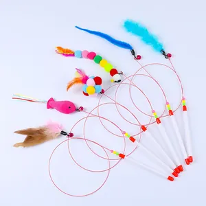 Varita Interactiva para Gatos Con Campana Y Pluma Varilla Larga de Alambre de Acero Madera Juguete para Gatos de Interior