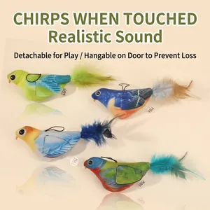 Electronic chirping plush bird cat toys set with feathers and hanging elastic cord