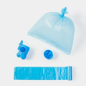 Blue bone-shaped dog waste bag dispenser set with rolls on a white background.