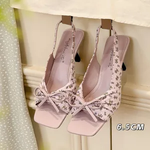 Women's Elegant High Heel Sandals Floral Polka Dot Bow Slingback Pointed Toe Stiletto Dress Shoes For Party Banquet Daily