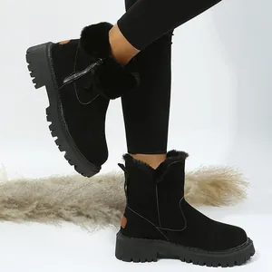 Detalle de botas de nieve negras con forro de piel sintética y suela de tracción