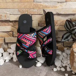 Detailansicht farbenfrohe geometrische Mesh-Zehenschlauf-Strandsandalen für Damen