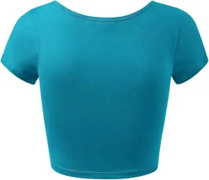 Gedetailleerde weergave van de blauwgroene katoenen stretch crop top voor dames korte mouw