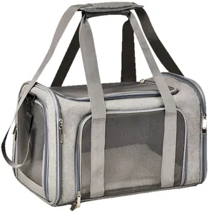 Grey portable breathable pet carrier bag for small dogs and cats with mesh windows