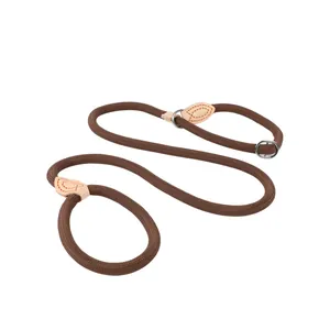 Detailed view of the brown braided P-rope dog leash with leather reinforcement