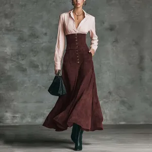 Vestito Lungo Patchwork da Donna Camicia a Righe Manica Lunga Vita Alta Elegante Vestito a Trapezio per Autunno Inverno Casual Ufficio
