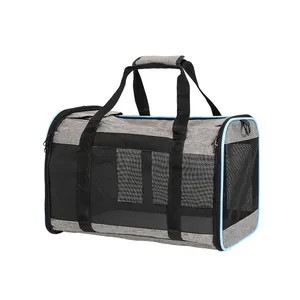 Sac de transport respirant pour chats et chiens avec fenêtres en filet et bordure bleue