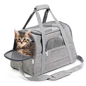 Borsa da trasporto per animali grigia traspirante con finestre in rete e tracolla