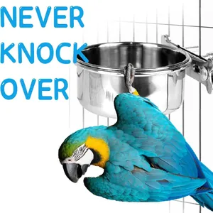 Heavy duty stainless steel parrot food bowl with cage clamp mount for large birds