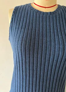 Close-up of blue ribbed knit sleeveless tank top showing fabric texture