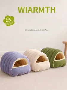 Cozy enclosed pet beds in purple, beige, and green for small dogs and cats