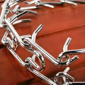 Detailansicht eines verchromten Metall-Halsbands für Hundetraining auf Holzhintergrund