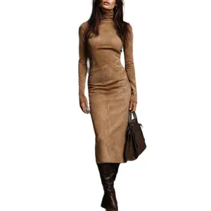 Sexy slim fit long sleeve turtleneck bodycon midi dress in brown suede-like fabric for women