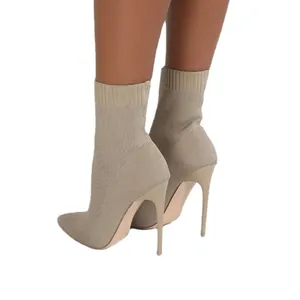 Stylish khaki pointed toe knitted elastic sock boots with slim high heels for women