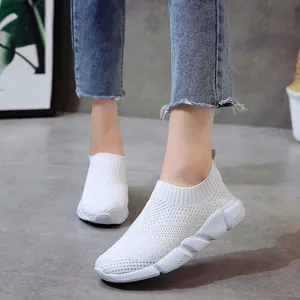Breathable white flying weave slip-on sneakers for women with chunky soles