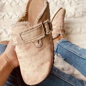 Mules en Toile à Imprimé Léopard pour Femmes Bords Effilochés Sabots à Enfiler Avec Boucle Réglable Chaussures de Marche Décontractées
