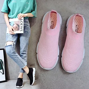 Breathable pink and black women's fly-knit sneakers with comfortable sock-like fit