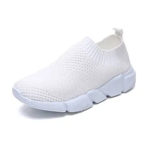 White fly-knit slip-on sneakers for women with breathable mesh and chunky sole design
