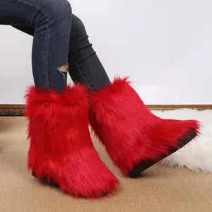 Modische rote Kunstpelz-Schneestiefel für Damen in Wadenhöhe mit weicher Plüschoptik