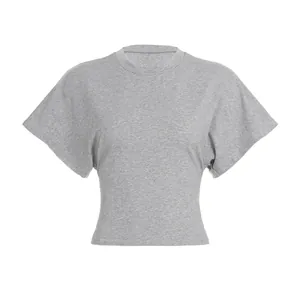 Grey short-sleeved crewneck T-shirt with batwing sleeves and cinched waist