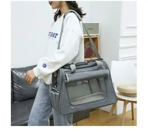 Large grey breathable pet carrier bag with adjustable shoulder strap for cat travel