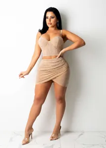 Conjunto sexy de dos piezas color nude con diamantes de imitación para club