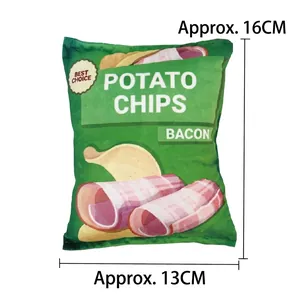 Squeaky plush potato chip bag toy for small dogs with bacon flavor design and crinkle paper