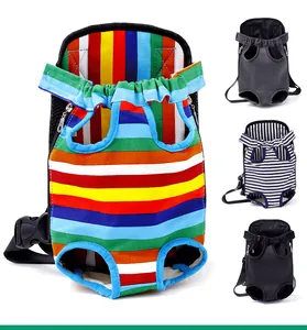 Portable pet front carrier backpack shown in various colors and striped patterns