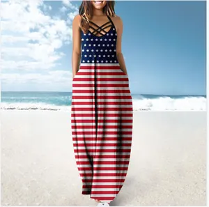 Detail view of summer sleeveless maxi dress with American flag star and stripes print