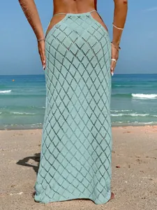 Mint green diamond hollow-out knitted maxi skirt beach cover-up with tie-waist detail