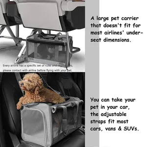 Detail view of foldable pet carrier for car travel and airline seat placement