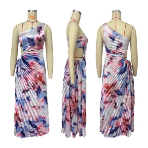 Three views of a colorful floral print one-shoulder pleated dress with waist cutout