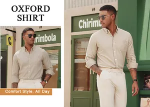 Close-up of a men's khaki long sleeve oxford shirt styled in an outdoor street scene