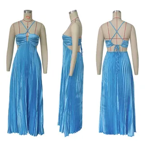 Blue pleated maxi dress with cutout waist and tie-back shown from three angles